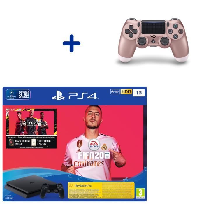 Pack Console PS4 Slim 1To Noire + Fifa 20 + Manette DualShock 4 Rose Gold + PS Plus Voucher 14 Jours