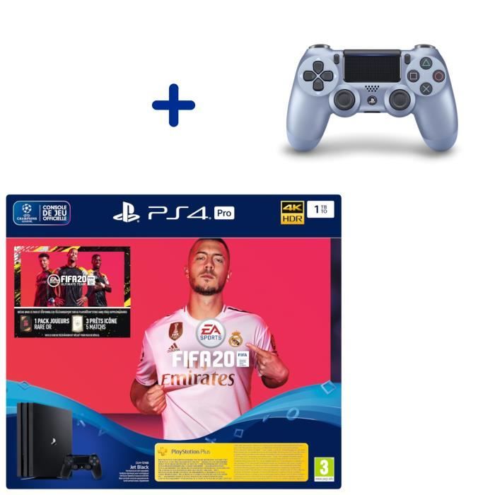 Pack Console PS4 Pro 1To Noire + Fifa 20 + Manette DualShock 4 Titanium Blue + PS Plus Voucher 14 Jours