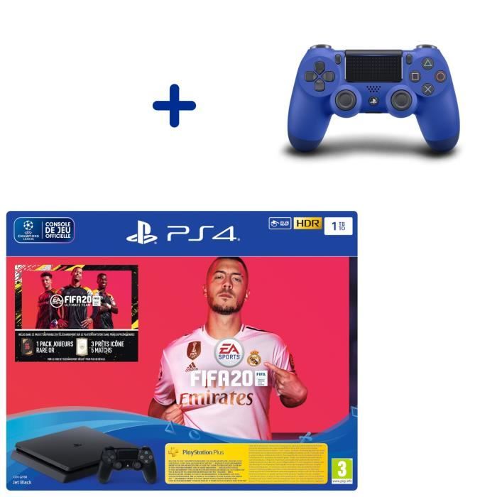 Pack Console PS4 Slim 1To Noire + Fifa 20 + Manette DualShock 4 Bleue + PS Plus Voucher 14 Jours