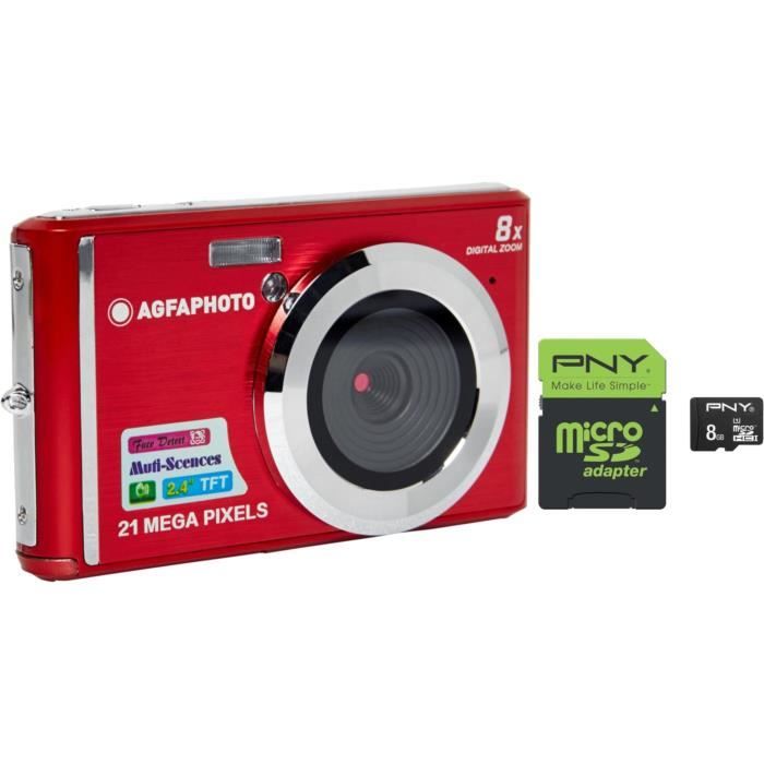 AGFAPHOTO Appareil Photo Numérique Compact DC5200 - Rouge + PNY Performance Carte mémoire Micro SDHC 8 Go