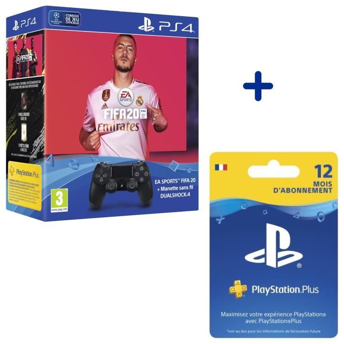 Pack FIFA 20 + Manette DualShock Noire V2 + Abonnement 12 Mois PS Plus