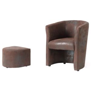 BAYA fauteuil cabriolet et pouf marron aspect vielli
