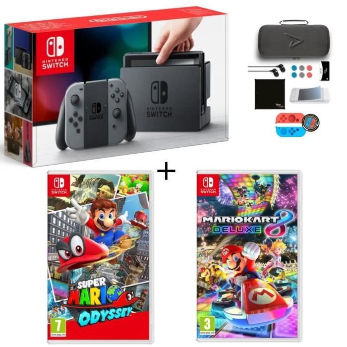 Pack Nintendo Switch Grise + Super Mario Odyssey + Mario Kart 8 Deluxe + Pack d'accessoires Steelplay 11 en 1