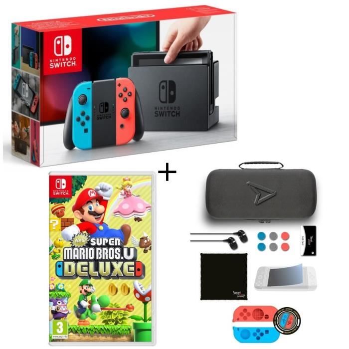 Pack Nintendo Switch Néon + Super Mario Bros U Deluxe + Pack d'accessoires Steelplay 11 en 1
