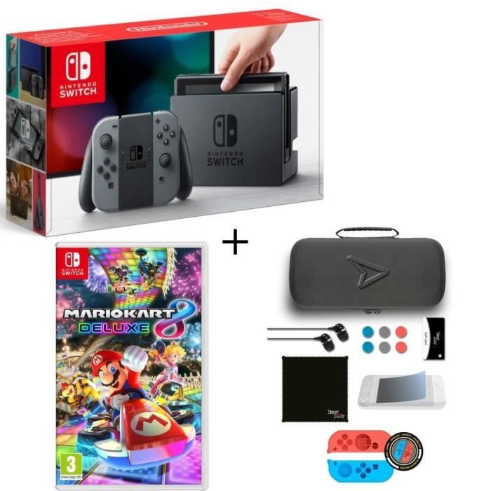 Pack Nintendo Switch Grise + Mario Kart 8 Deluxe + Pack d'accessoires Steelplay 11 en 1