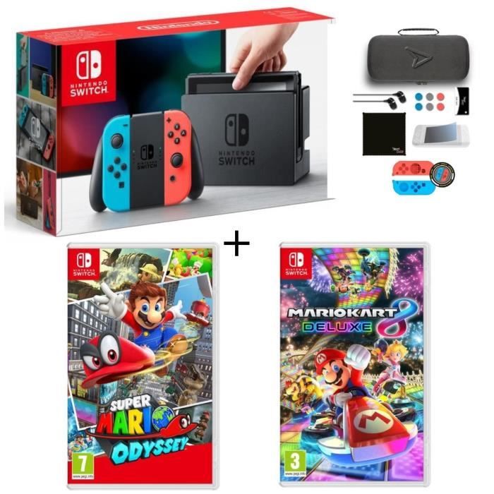 Pack Nintendo Switch Néon + Super Mario Odyssey + Mario Kart 8 Deluxe + Pack d'accessoires Steelplay 11 en 1