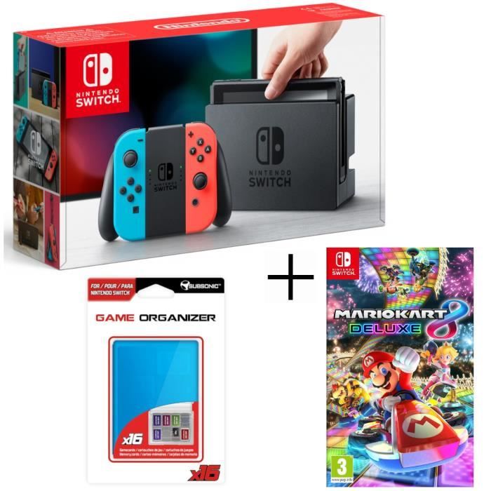 Console Nintendo Switch avec paire de joy-con bleu néon / rouge néon + Mario Kart 8 Deluxe + Boitier rangement pour jeux et carte SD