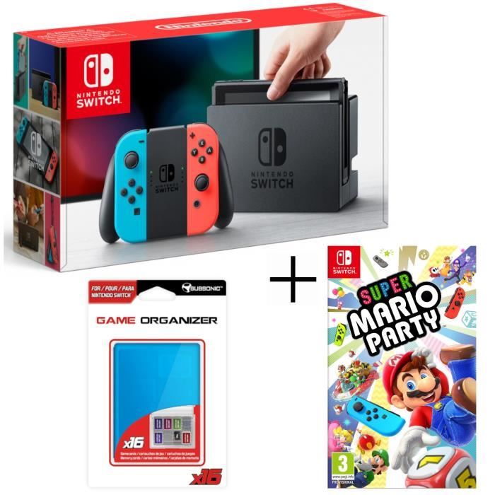 Console Nintendo Switch Néon + Super Mario Party + Boitier de rangement pour jeux et pour carte SD