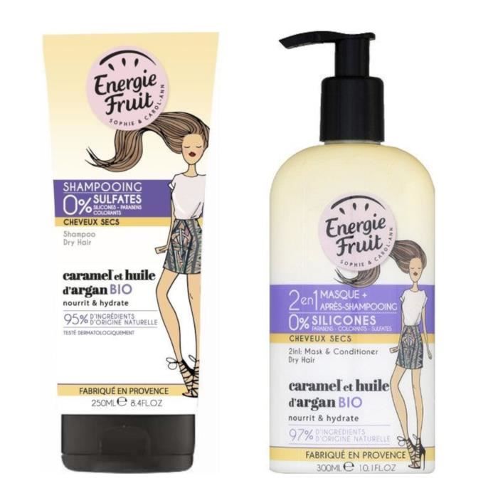 Lot ENERGIE FRUIT Shampoing 250 ml + Masque et après-shampoing 300 ml pour cheveux secs CARAMEL et Huile d'Argan