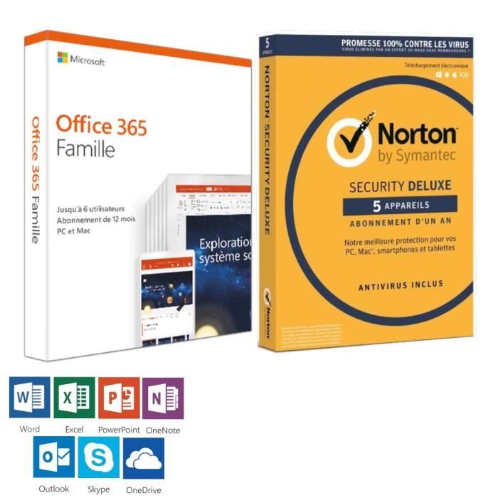 1 an Microsoft Office 365 Famille + 1 an Norton Security Deluxe 2019 - PC et Mac - 5 utilisateurs