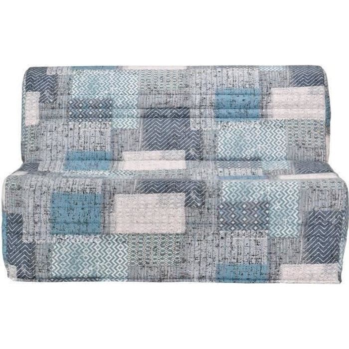 JŒ Banquette BZ PATCHWORK - Tissu bleu blanc et gris - L 143 x P 101 x H 95 cm