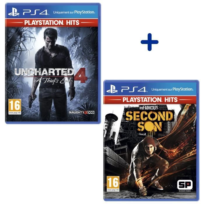 Pack 2 Jeux PS4 PlayStation Hits : Uncharted 4 A Thief's End + InFamous Second Son