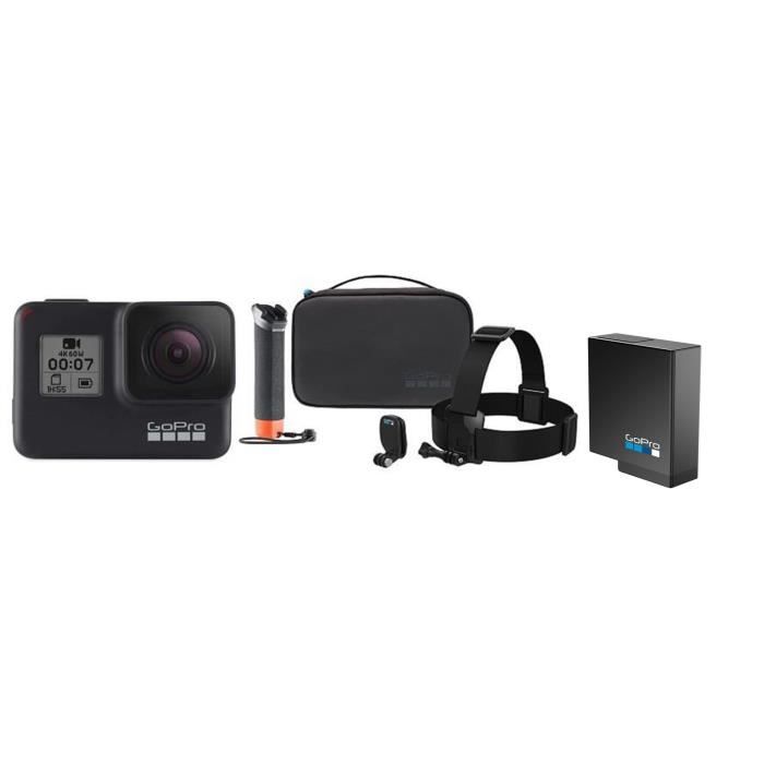 GOPRO HERO7 BLACK Caméra de sport Action Cam + Kit caméra Adventure Kit + Batterie de recharge