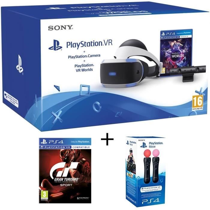 PlayStation VR + PlayStation Caméra + 2 Jeux PS4 : VR Worlds + Gran Turismo Sport + Paire de PlayStation Move