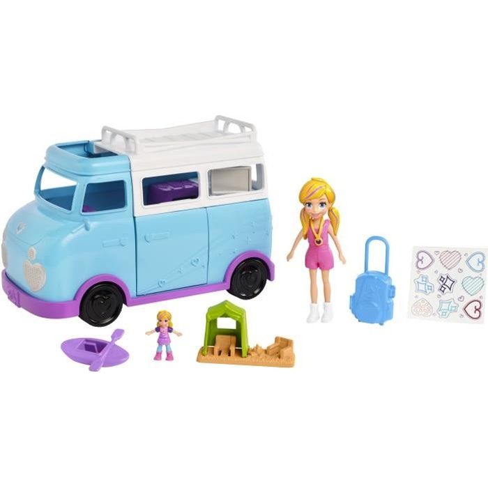 POLLY POCKET - Le Van Aventure - Inclut 2 figurines Polly de 7 et 2,5 cm, un piscine transformable et des accessoires