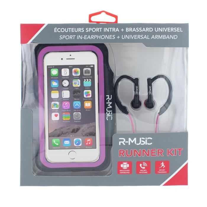 R-MUSIC Runner Kit - Ecouteurs intra-auriculaires filaires + Brassard universel pour smartphone - Rose