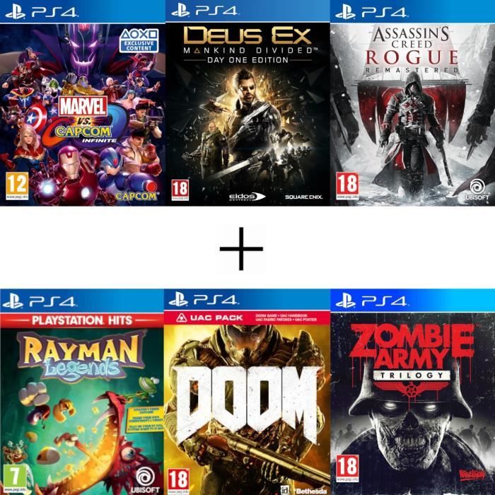 Pack 6 jeux: Marvel vs Capcom Deus Ex Assassin's Creed Rogue Remastered Rayman Legends Doom Pack UAC Zombie Army Tril. - Jeux PS4