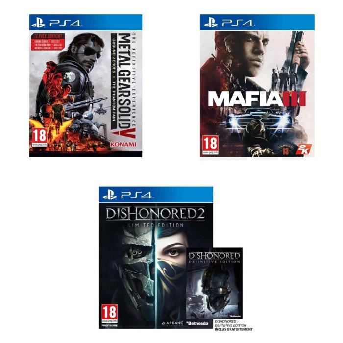 Pack de 4 jeux PS4 : MGS V + Mafia III + Dishonored 2 + Dishonored Definitive Edition