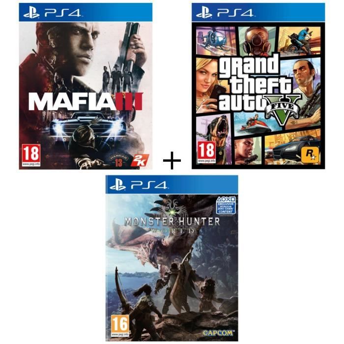 Pack 3 jeux PS4 : Mafia III + GTA V + Monster Hunter World
