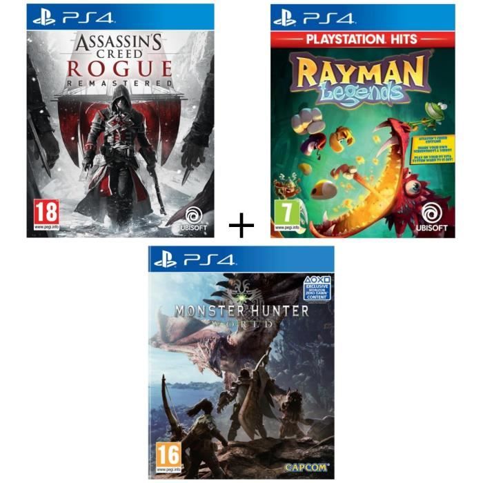 Pack 3 jeux PS4 : Assassin's Creed Rogue Remastered + Rayman Legends + Monster Hunter World