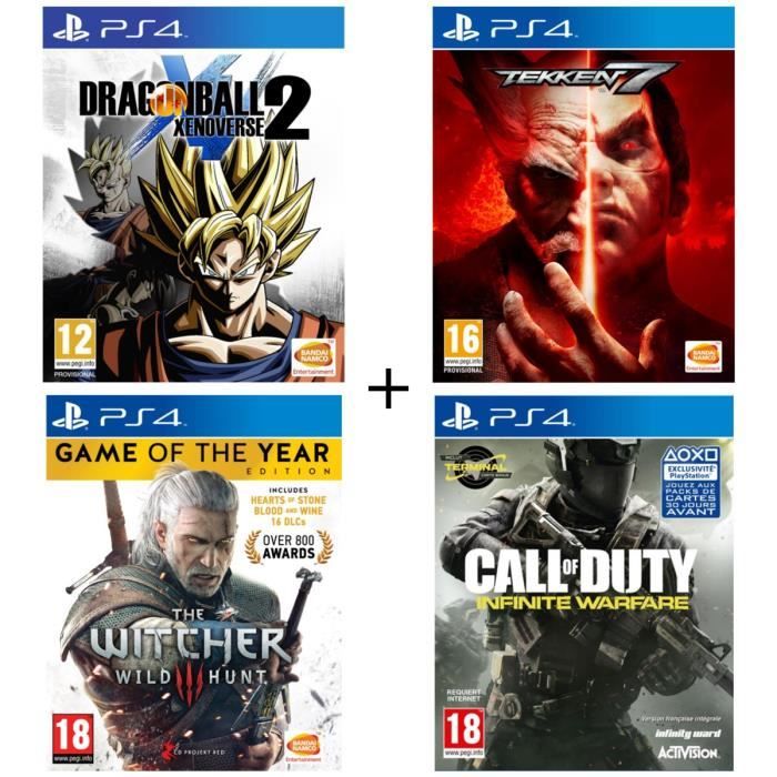 Pack 4 jeux PS4 : Dragon Ball Xenoverse 2 + Tekken 7 + The Witcher 3 + Call of Duty Infinite Warfare