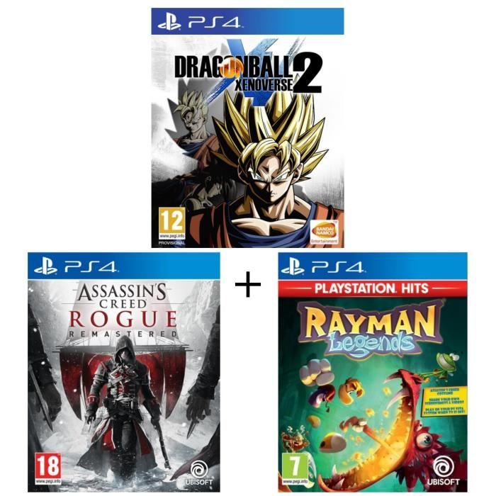 Pack 3 jeux PS4 : Dragon Ball Xenoverse 2 + Assassin's Creed Rogue Remastered + Rayman Legends