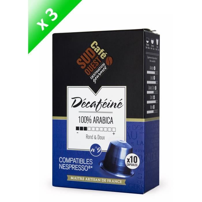 30 capsules compatibles Nespresso SUD OUEST CAFE Décaféiné n°9 100% Arabica