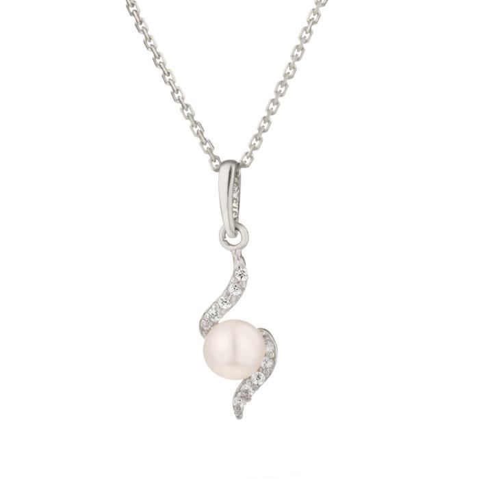 OR ECLAT Collier avec Pendentif Or Blanc 375° Perle d'Eau Douce et Oxydes de Zirconium Femme