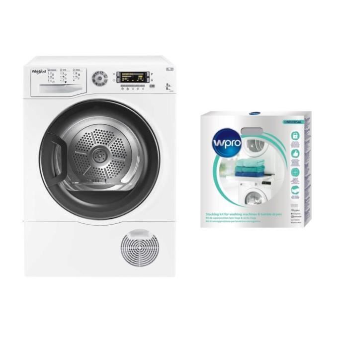 Pack WHIRLPOOL DELY8000 - Sèche-linge - 8 kg - Séchage condensation - B - LCD - 69 dB + WPRO SKS101 Kit de superposition