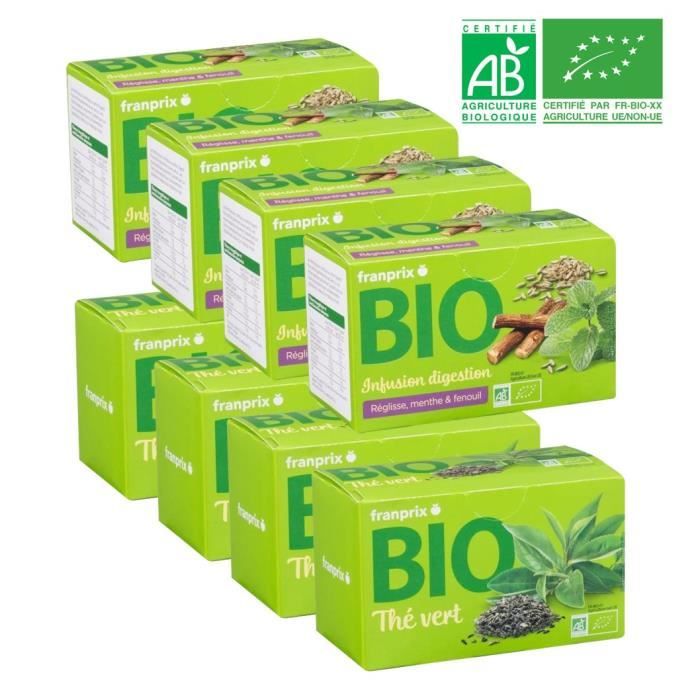 FRANPRIX Lot de 8 Paquets de 20 Sachets Bio : 4 Thés Vert et 4 Infusions Digestives