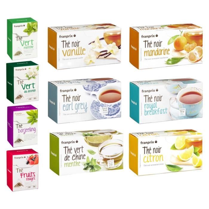 FRANPRIX Lot de 10 Paquets de Thé Vert et Noir - De 36 à 50 g
