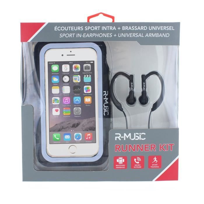 R-MUSIC Runner Kit - Ecouteurs intra-auriculaires filaires + Brassard universel pour smartphone - Noir