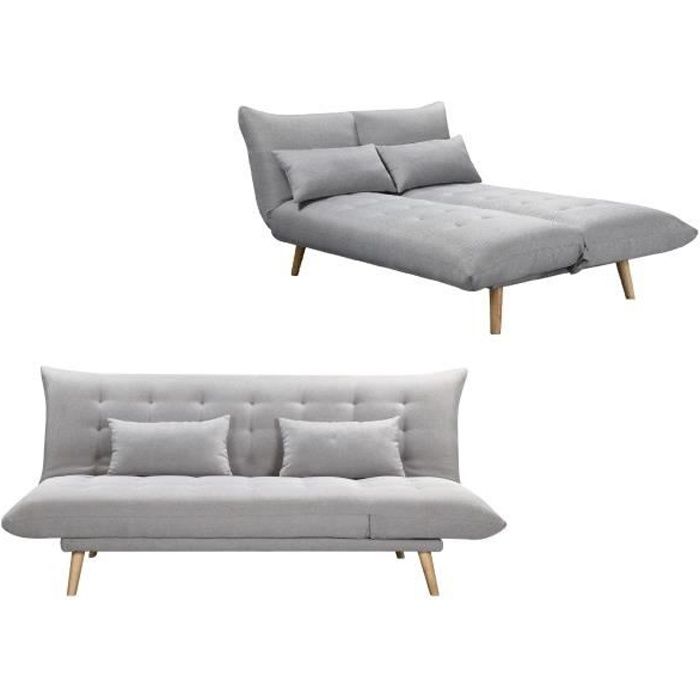 SOLIS Banquette convertible 3 places -Tissu Gris clair - L 197 x P 94 x H 86 cm