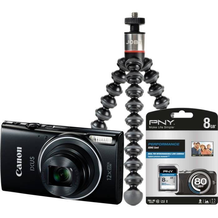 CANON IXUS 275 HS Noir Compact - 21,1 mégapixels - Zoom Plus 24x - Full HD + PNY Carte SD 8 Go + Trepied