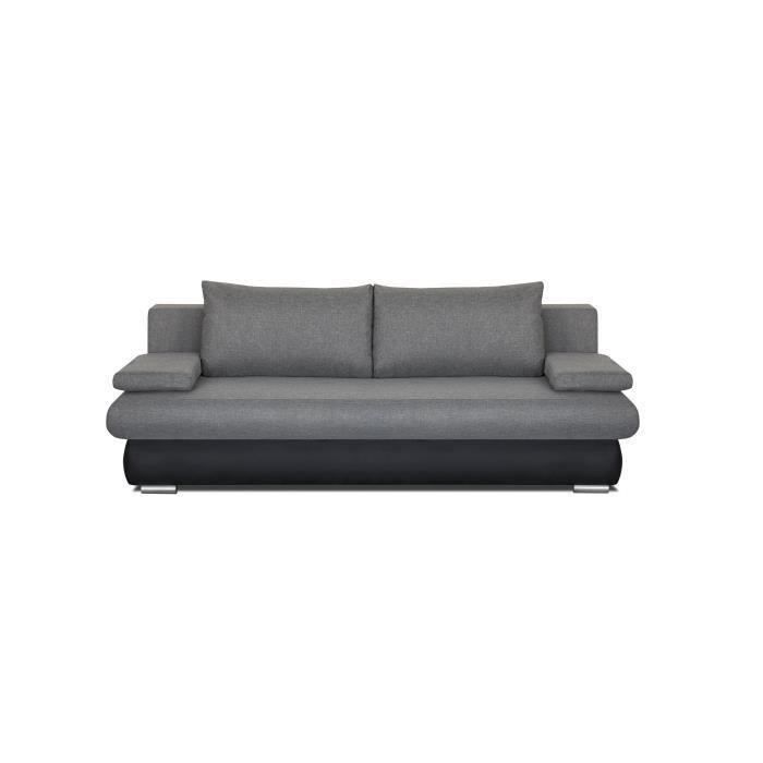 CLYDE Banquette convertible 3 places - Tissu gris et simili noir - Style contemporain - L 187 x P 94 cm