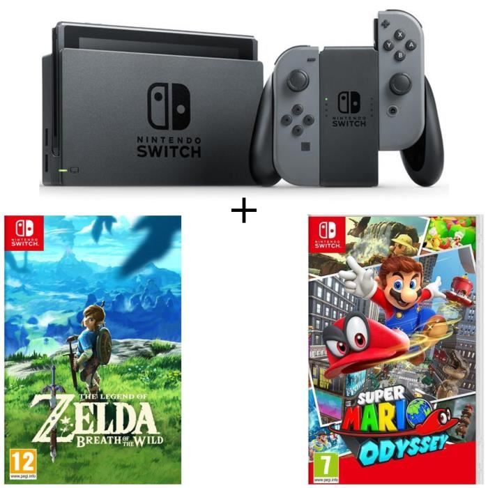 Console Nintendo Switch avec paire de Joy-Con gris + The Legend of Zelda: Breath of the Wild + Super Mario Odyssey