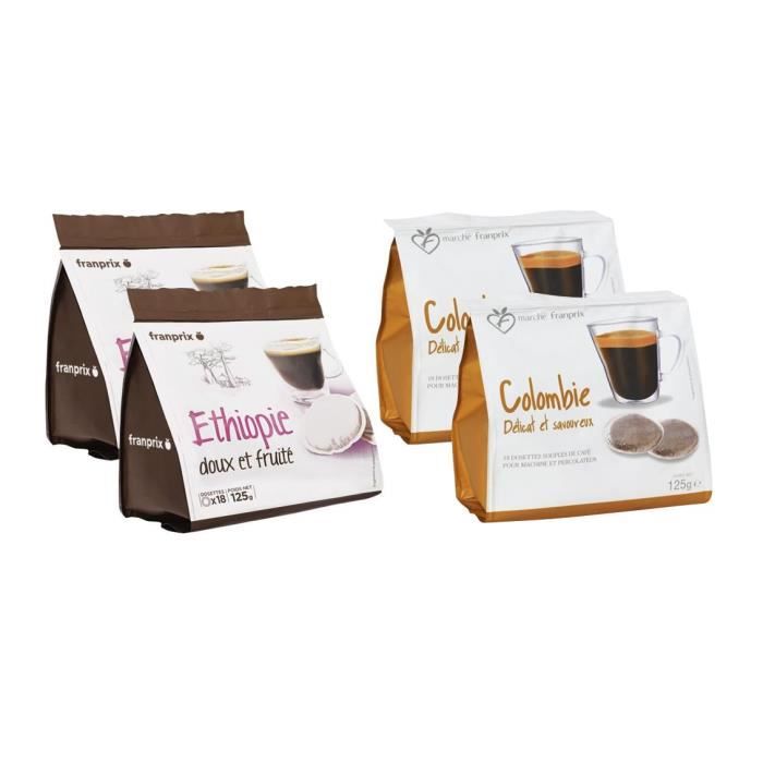 FRANPRIX Lot de 4 Paquets de Café en Dosettes : 2 Colombie et 2 Ethiopie - 125 g