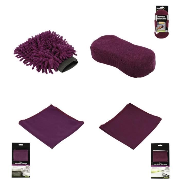 TURBOCAR Gant chenille + Tissu microfibre vitres + Eponge microfibre + Tissu microfibre polish