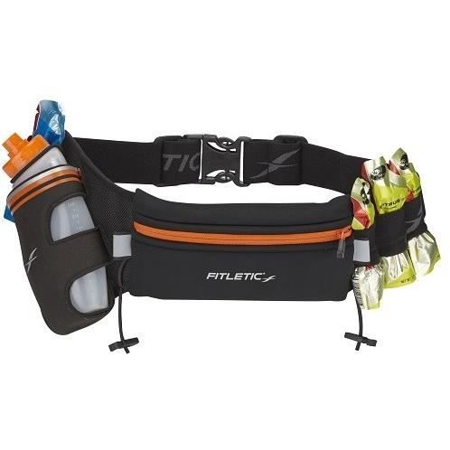 FITLETIC Ceinture hydratation - 1 gourde 350ml - Porte-gels - Noir / Orange
