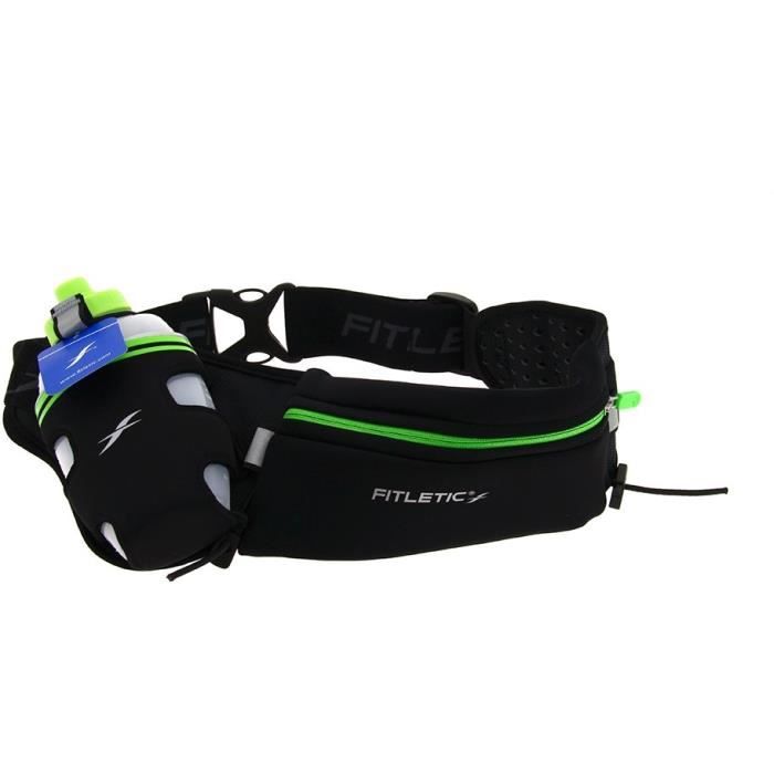 FITLETIC Ceinture hydratation - 1 gourde 350ml - Porte-gels - Noir / Vert