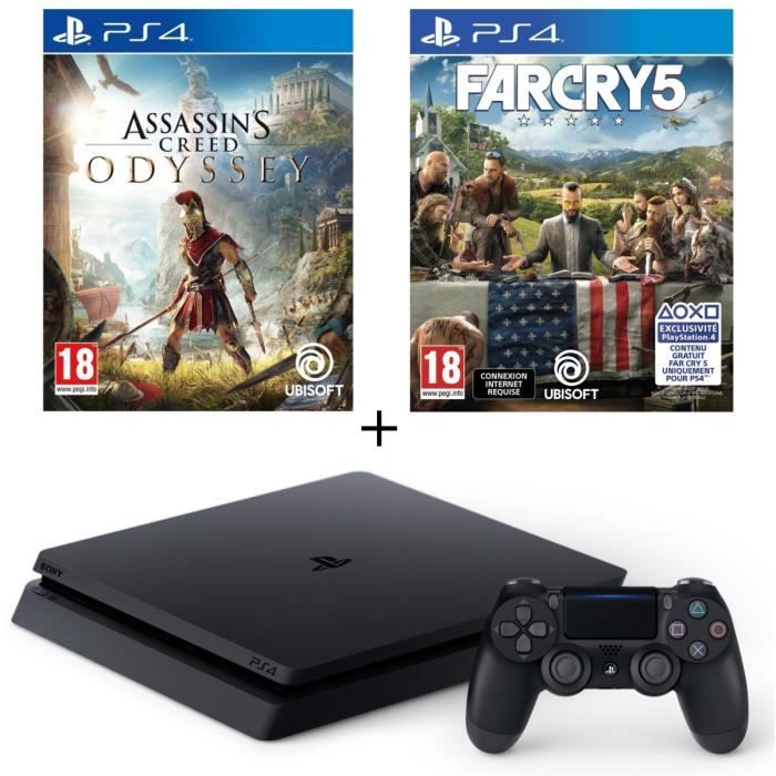 Pack PS4 500 Go Noire + Assassin's Creed Odyssey + Far Cry 5