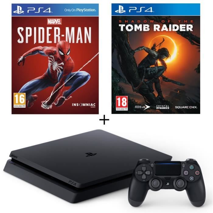 Pack PS4 500 Go Noire + 2 Jeux : Marvel's Spider-Man + Shadow of the Tomb Raider