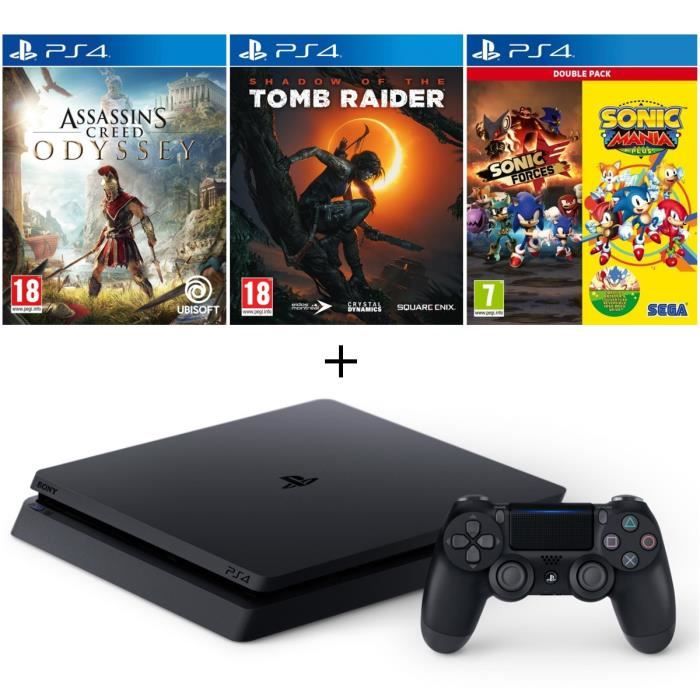 Pack PS4 500 Go Noire + 4 Jeux : Assassin's Creed Odyssey + Shadow of the Tomb Raider + Double Pack Sonic