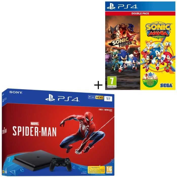 Pack PS4 1 To Noire + 3 Jeux : Marvel's Spider-Man + Double Pack Sonic