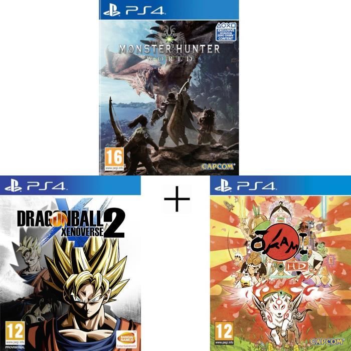 Pack 3 jeux PS4 : Monster Hunter World + Dragon Ball Xenoverse 2 + Okami HD
