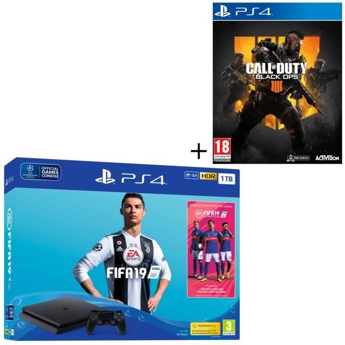Pack PS4 1 To Noire + 2 Jeux : FIFA 19 + Call of Duty Black Ops 4