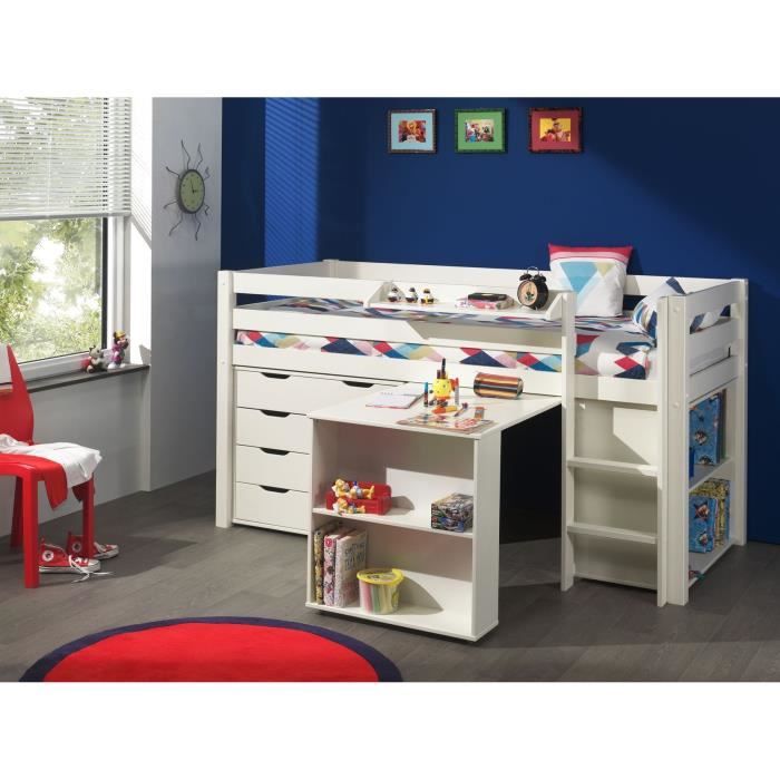 PINO Lit mezzanine 90x200 cm + bureau + bibliothèque + commode - Blanc