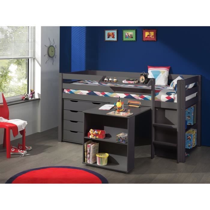 PINO Lit mezzanine 90x200 cm + bureau + bibliothèque + commode - Gris