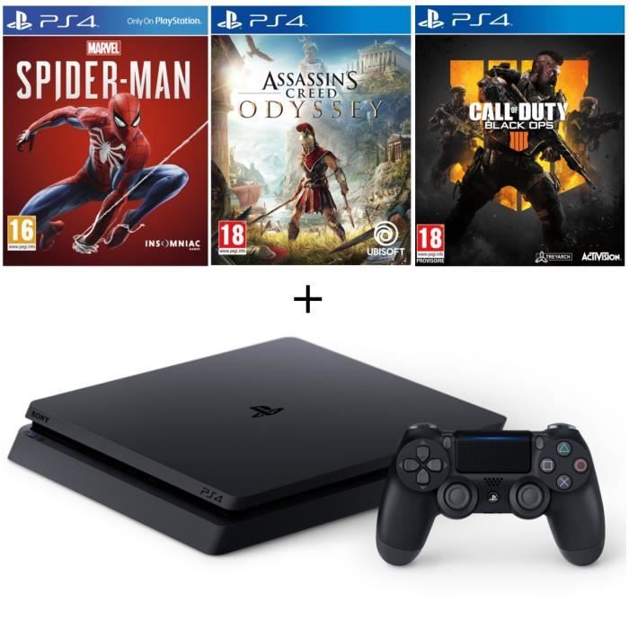 Pack PS4 500 Go Noire + 3 Jeux : Marvel's Spider-Man + Assassin's Creed Odyssey + Call of Duty Black Ops 4
