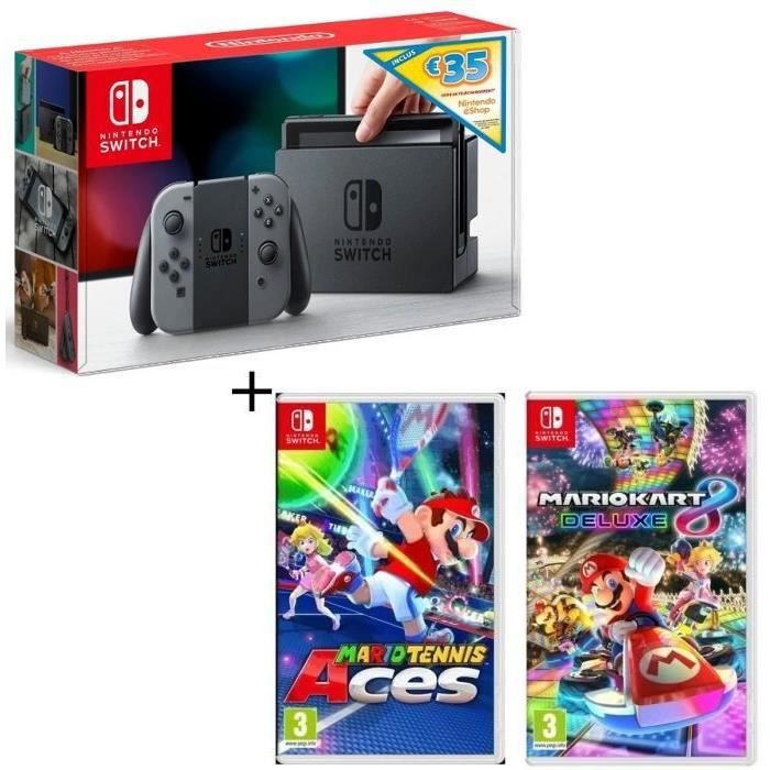 Pack Nintendo Switch Grise Edition Limitée + Mario Tennis Aces + Mario Kart 8 Deluxe + code téléchargement 35€ Nintendo eShop